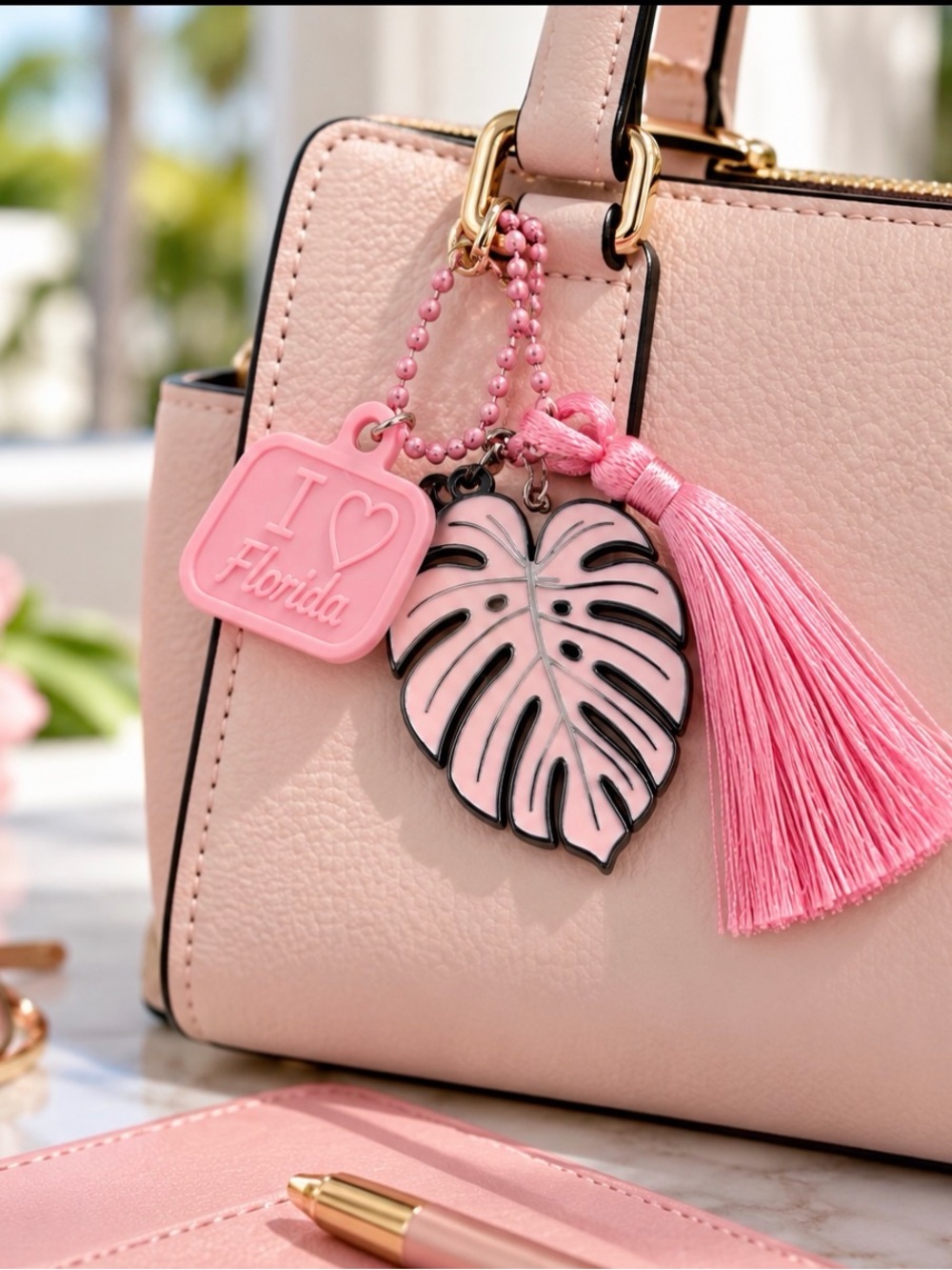 Pink Monstera Leaf Tassel Key & Card Holder Charm